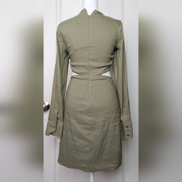 ZARA SEXY LINEN BLEND SHORT DRESS LONG SLEEVE OLIVE GREEN CUT OUT MINI XS - Picture 7 of 16